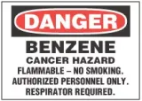 Danger Sign, Benzene, Cancer Hazard. Flammable - No Smoking. Authorized Personnel Only. Respiration Required