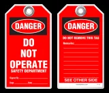 Lockout Safety Tag - Danger, Do Not Operate, Safety Department (Red Background)