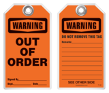 Maintenance Safety Tag - Warning, Out Of Order