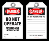 Lockout Safety Tag - Danger, Do Not Operate, Maintenance Department