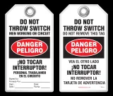 Bilingual Safety Tag - Danger, Peligro, Do Not Throw Switch, Men Working On Circuit, No Tocar Interruptor! (English/Spanish)