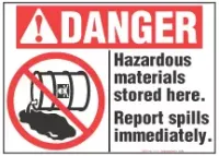 Danger Sign, Hazardous Materials Stored Here. Report Spills Immediately (With Symbol) 