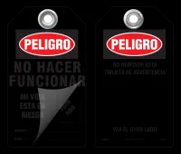 Peligro Bilingual Self-Laminating Peel and Stick Tag, No Hacer Funcionar, Mi Vida Esta A Riesgo   (Spanish)