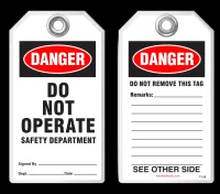 Lockout Safety Tag - Danger, Do Not Operate, Safety Department