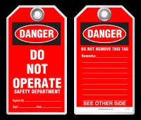 Lockout Safety Tag - Danger, Do Not Operate, Safety Department (Red Background)