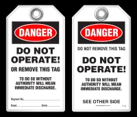 Lockout Safety Tag - Danger, Do Not Operate Or Remove This Tag