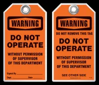 Warning Tag - Warning, Do Not Operate Without Permission Of Supervisor Of This Department