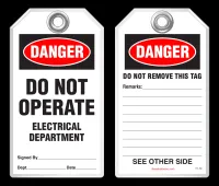 Lockout Safety Tag - Danger, Do Not Operate, Electrical Department