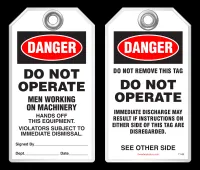 Maintenance Safety Tag - Danger, Men Working On Machinery, Hands Off This Equipment