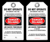 Bilingual Safety Tag - Danger, Peligro, Do Not Operate Or Remove This Tag, No Hacer Funcionar (English/Spanish)