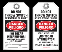 Bilingual Safety Tag - Danger, Peligro, Do Not Throw Switch, Men Working On Circuit, No Tocar Interruptor! (English/Spanish)