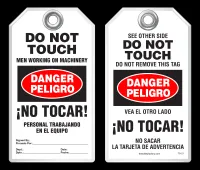 Bilingual Safety Tag - Danger, Peligro, Do Not Touch, Men Working On Machinery, No Tocar! Personal Trabajando En El Equipo (English/Spanish)
