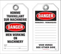 Bilingual Safety Tag - Danger, Homme Travaillant Sur Machinerie, Men Working On Machinery (English/French)