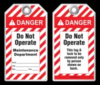 Lockout Safety Tag - Danger, Do Not Operate, Maintenance Department, (ANSI Header)