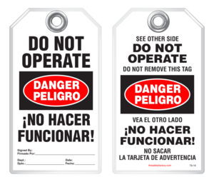 Bilingual Safety Tag - Danger, Peligro, Do Not Operate, No Hacer Funcionar! (English/Spanish)