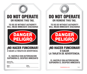 Bilingual Safety Tag - Danger, Peligro, Do Not Operate Or Remove This Tag, No Hacer Funcionar (English/Spanish)